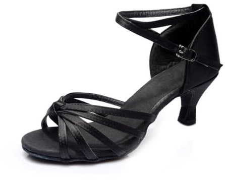 Lvguang Latinska dansskor för kvinnor 5 cm klackar latinamerikanska dansskor satin jazzskor dam Tango Bachata öppen tå skor 7 cm, 5 cm svart 01, 40 EU