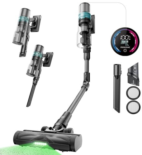 Proscenic P16 Cordless Vacuum Cleaner, 50Kpa 65Mins Runtime, 180°Bendable Wand, Hang-and-Charge Lightweight Stick Vacuum, Tangle-Free Brush, Rechargeable Hoover Vacuum for Floor Carpet Pet Hair(Grey)