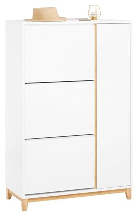 SoBuy Schuhschrank schmal hoch – Schuhkipper mit 3 Klappen und Seitenfächern, schuhregal geschlossen für Flur & Diele, platzsparend, schuhschrank Weiss Natur, 80x122x34cm, FSR189-WN