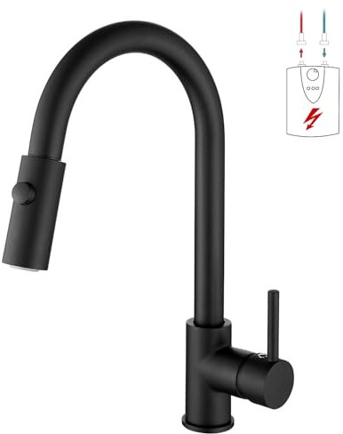 Zynuhmo Niederdruck Armatur Küche Ausziehbar Schwarz,360° Drehbare Küchenarmatur,Wasserhahn mit 3 Anschluessen für Boiler,Hoher Bogen Mischbatterie Küche mit 2 Modi Brause, Edelstahl