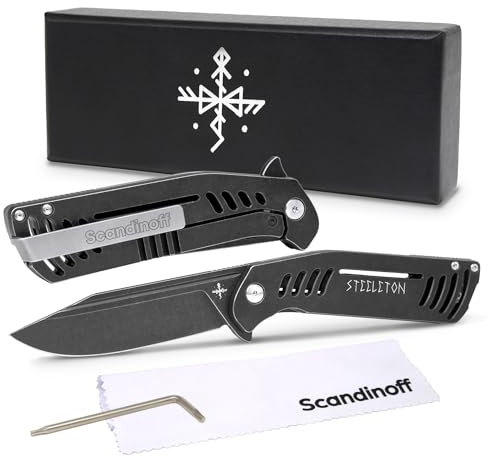 Scandinoff STEELETON Klappmesser | Taschenmesser | 95mm Klinge | aus TITAN und SANDVIK STAHL | Einhandmesser | Outdoor, Jagd, Selbstverteidigung | Hochwertiges Militärmesser | Ergonomischem Griff|Dark