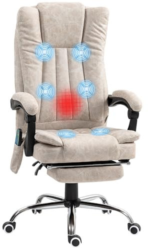 Vinsetto Bürostuhl mit Massagefunktion, Ergonomischer Schreibtischstuhl mit Heizfunktion, Liegefunktion, Höhenverstellbarer Drehstuhl mit Fußstütze, Seitentasche, Cremeweiß