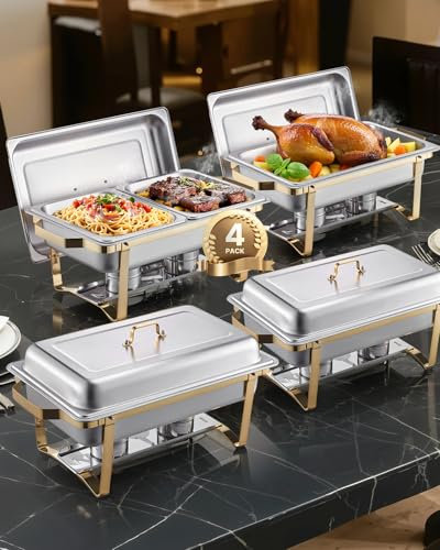 VEVOR Chauffe-Plat 4PCs 7,5 L, Buffet Chauffant Rectangulaire, Réchaud en INOX, avec 2 Bacs Pleine Taille, 6 Bacs Demi-Taille et Couvercle, pour Buffet Libre-Service Hôtel Traiteur Restauration, Doré
