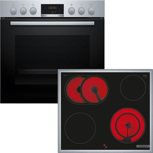 Bosch Juego de cocina empotrable HND411LR63, serie 4, 60 cm, con aire caliente 3D, HEA513BR3, serie 4, placa eléctrica de 60 cm con marco, controlada por la cocina, fabricado en Alemania, zona de