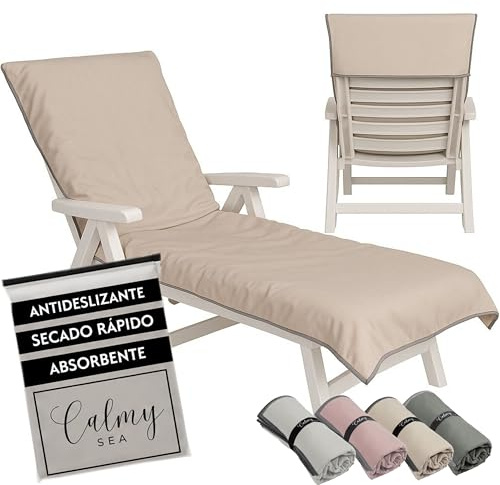 CalmySEA Serviette pour chaise longue - 200 x 75 cm - Avec capuche - En microfibre - Poids léger - Housse de protection pour chaise longue de jardin - Avec enveloppe - Beige - 1 pièce