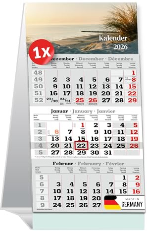 PRIMUS PRINT Calendario de mesa 2026-3 calendario mensual para colocar de pie, calendario de escritorio, calendario de pie, 95 x 194 mm, papel natural de 70 g, incluye deslizador de fecha [individual