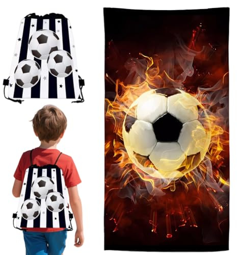 SYTTNUM Toallas De Playa Futbol, Fútbol Bolsa con Cordón, Toallas Gimnasio, para Deporte Viajes Yoga Camping Playa, Combinación de Bolsillo de Toalla de Fútbol Playa, 2pcs