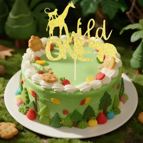 Birthday Cake Toppers,Wild One Birthday Decorations,Animal Cake Toppers-HSC Gold Glitter Jungle Safari Animals Giraffe Monkey Elephant 1st Birthdays Cake Topper for Boy Girl First Birthdays Decoration