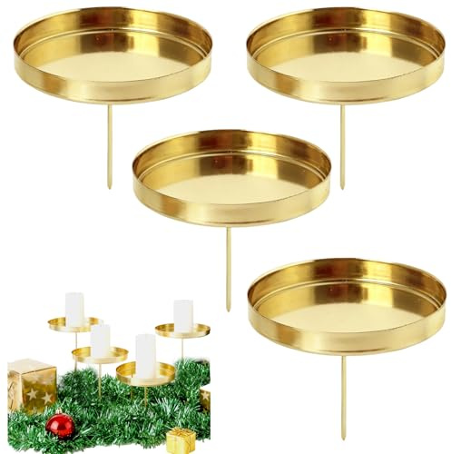Werownsgso 4 Stück Kerzenhalter 8cm Adventskranz Kerzenhalter Metall Kerzenleuchter Mit Dorn Weihnachten Kerzenteller Kerzenständer für Stabkerzen Adventskranz Tischdeko Deko (Golden)