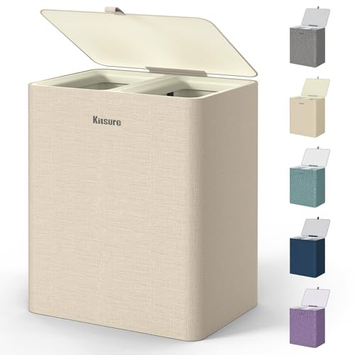 Kitsure Laundry Basket 95L – Large Laundry Hamper with Lid, 2-Compartment Divided Clothes Sorter with Removable Hamper Bags, Beige Organizer for Laundry Room, Bathroom & Bedroom, 22.2 x 16 x 27.4