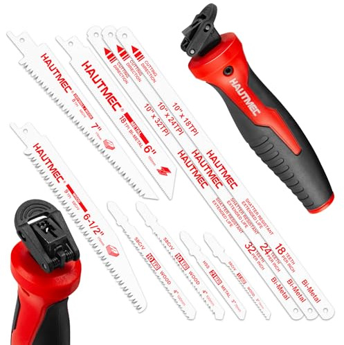 HAUTMEC HTHSH25032 Scie à main multi-lames 10 en 1 avec mécanisme de changement rapide et lames Pro HSS/Cr-V/bimétallique, scie à métaux compacte, scie à chantourner, scie à main polyvalente pour bois