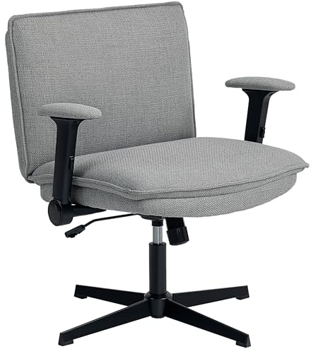 HOMCOM Silla de Oficina Piernas Cruzadas, Silla de Escritorio con Reposabrazos Abatible, Asiento Ancho de 63 cm, sin Ruedas, Altura Ajustable, Giratoria, Función Basculante, Tapizada en Lino, Gris