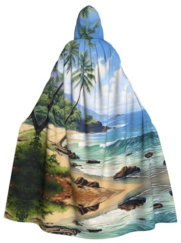 VPPUR Hawaiian Beach With Palm Trees Print Full Length Hooded Unisex Cloak For Halloween Cosplay And Medieval Festivals