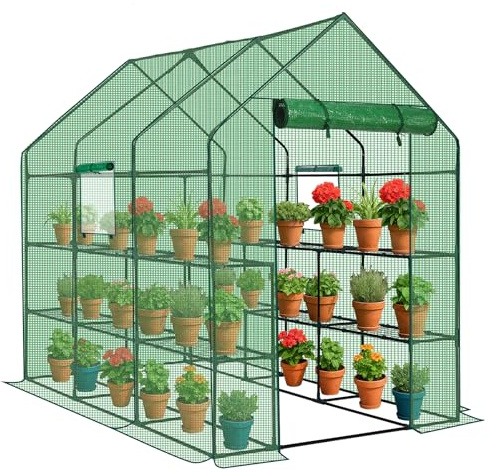 LEADZM Gewächshaus mit UV-beständiger PE-Gitterfolie，12 Metallablagegittern, Sturm-Winterfest, Schutz vor Kälte,Frost, Anzucht für Tomaten & Pflanzen, Balkon Garten (Grün, 142 x 216 x 196 cm)