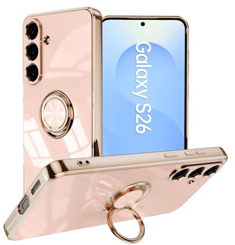 XINYEXIN Fodral till Samsung Galaxy S26 5G med ringstativhållare, 360 graders roterande stativ, mode, stötsäkert skyddande fodral – rosa