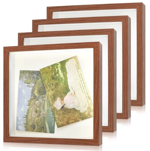 INTERWARM 4 cajas sombreadas marco de pantalla con ranura superior pequeña caja de sombra 20,3 x 20,3 cm para guardar tarjetas de concierto, tapas de botellas de vino, sellos de coco marrón