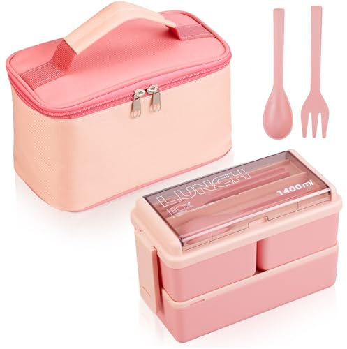 Stidyzo Lunch Box with Lunch Bag, 1400ml Bento Box Complete Set, Stackable 2 Layer 3 Removable Compartments Leak Proof, Includes Fork & Spoon, for Adults Kids Students Office, Pink