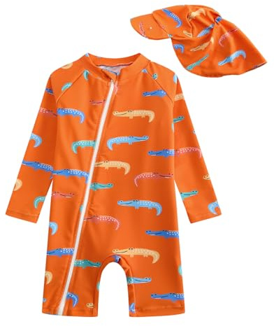 JiAmy - Bañador de una pieza para bebé y niño pequeño con protección solar, manga larga, cremallera, protector contra rozaduras y gorro para el sol, cocodrilo anaranjado , 9-12 Months