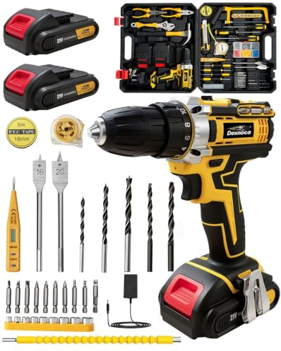 147PCS Cordless Drill Set, Dexnoca 21V Combi Drill, 45N.m Drill Driver with 2X 2.0AH Batteries, 3/8” Keyless Chuck, Electric Screwdriver Kit for Furniture Assembly, Home Garden, DIY Project, Wood