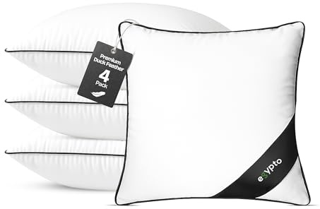 EGYPTO Pack of 4 White Duck Feather Cushion Inserts 45cm x 45cm – 100% Natural Cotton Down Proof Cover – Double Stitched Seams – Non Allergenic Feather cushions inner (Pack of Four, 18 x 18)