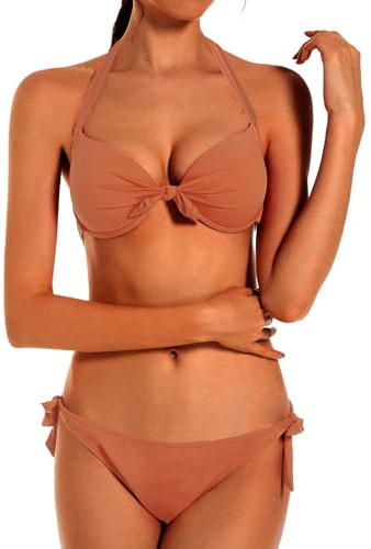 EONAR Bikiniset för kvinnor justerbar baddräkt push-up bikinitopp med bygel sidoband badkläder måttlig täckning bikini shorts, Khaki, 36