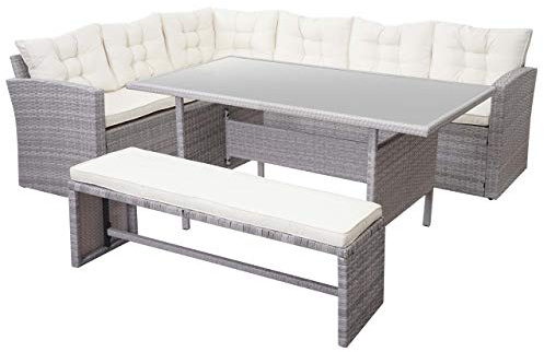 Mendler Poly-Rattan-Garnitur HWC-A29 - hellgrau, Kissen Creme | Gartengarnitur, Sitzgruppe, Lounge-Esstisch-Set, Sofa, + Bank