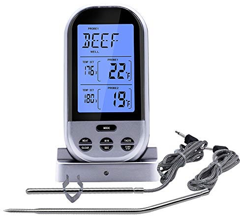 Termometro Cucina,Termometro Alimenti Wireless Senza Fili Doppia Sonda, Grande LCD Display Sonda Acciaio Lettura Istantanea per BBQ, Forno, Griglia, Carne, Acqua Bagno (Argento)