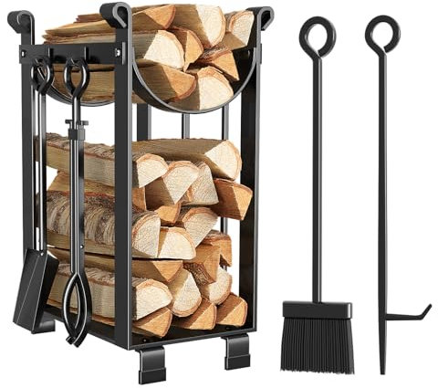Amagabeli Portalegna Legna da ardere con 4 strumenti 78x29x36cm Interni set di Strumenti Caminetti Grande Capacità Esterni Scaffale Porta-Legna con 2 Ripiani Porta Ceppi Cremagliera del Camino