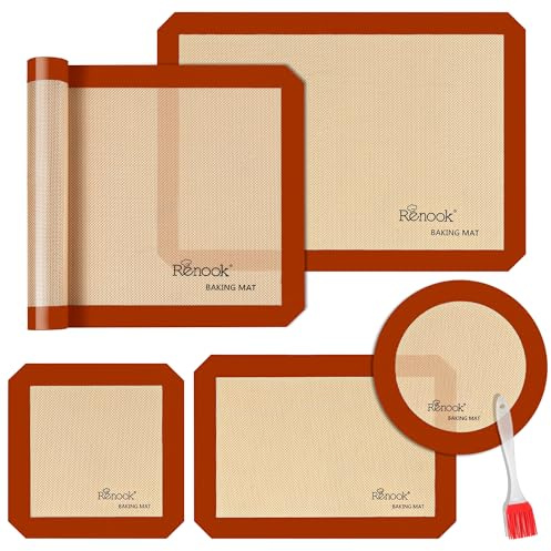 Silicone Baking Mat Set of 5, Grade Food Non-Stick Reusable Baking Mat, Slip Oven Liner Sheet, Round & Square Cake Pan Mat & Silicone Brush for Macaron, Pastry, Cookie