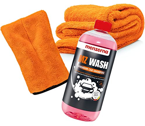 detailmate Auto Wasch- und Trockenset: menzerna MZ Wash Shampoo - Autoshampoo 1L + Mikrofaser Präzisionshandschuh Orange + Nuke Guys Gamma Dryer XXL für die optimale Handwäsche