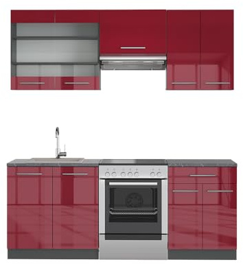 Vicco Küchenzeile Fame-Line, Bordeaux Hochglanz/Anthrazit, 200 cm ohne Arbeitsplatte, geeignet für Variable Modulplatzierung und Erweiterung