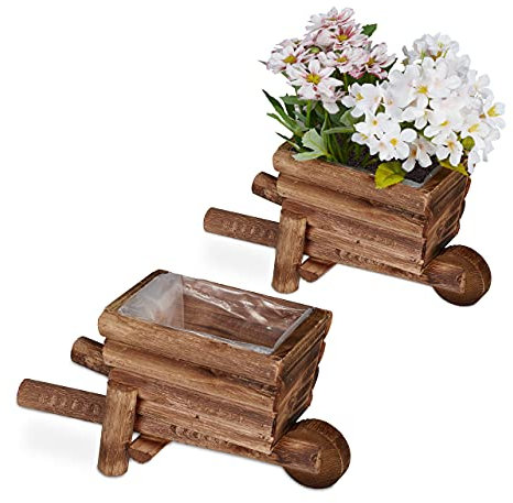 Relaxdays Pflanzschubkarre, 2er Set, Gartendeko, H x B x T: 12,5 x 26 x 12 cm, Blumenkarre zum Bepflanzen, Holz, Natur