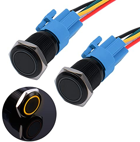 JIQI 2× 16mm Verrieglung Druckschalter 12V bis 24V 3A wasserdicht selbsthaltend schwarz Druckknopfschalter aus Metall LED Beleuchtet vorverdrahte Ein/Aus Latch Taste Schalter mit IP66 1NO 1NC (Gelb)