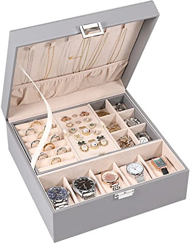 Voova Jewellery Box Organiser for Men Women Girls, Large Watch Storage Case, 2 Layer PU Leather Jewelry Display Holder with Removable Tray for Watches Sunglasses Rings Earrings Necklace, Gifts, Grey