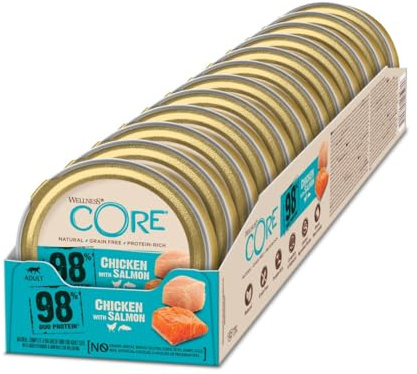 Wellness CORE 98 procent kyckling & lax, 12 x 85 g, våtfoder för vuxna katter, kattmat paté, utan tillsats av socker, spannmålsfri, med hög kötthalt