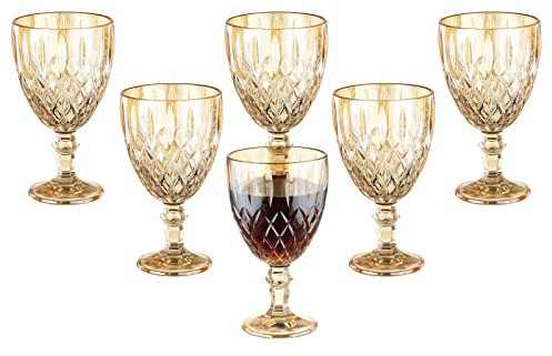 Vintage Wine Glasses Set of 6, 11 Ounces Colored Glass Water Goblets, Colorful Unique Embossed Pattern High Clear Stemmed Glassware Wedding Party Bar Glass Drinking Cups Amber Fancy Glasses