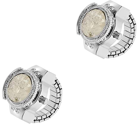 Mikikit 2 Rose Offen Mit Band Weiß Damen Elastisch Uhrenring Stylisch Halloween Damen Fingermuster Uhr Unisex Flip