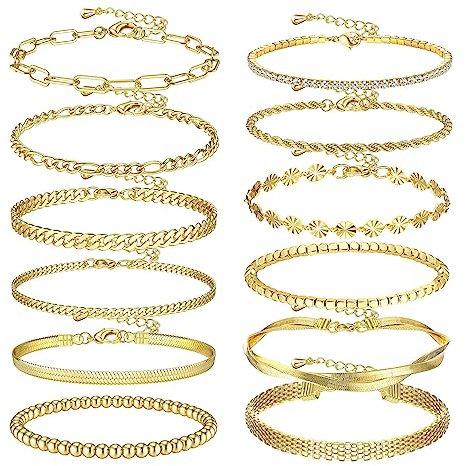 Kakonia 12Stück Kette Ketten Armband Gold Set Für Damen Herren KettenArmband Armkette Gliederarmband 14K Verstellba Cuban Chain Armband Kettenglieder Hip Hop Rapper Modeschmuck Set