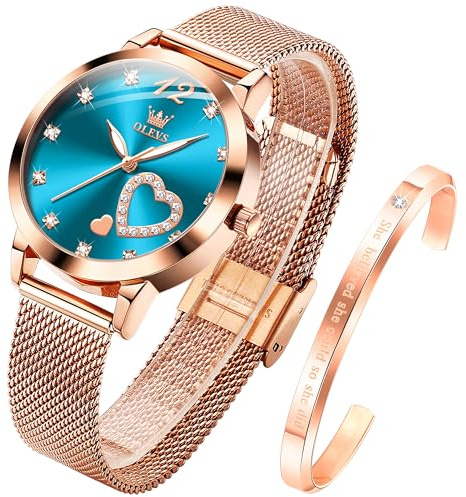 OLEVS Women's Rose Gold Watches Heart Diamond Japanese Quartz Movement Ladies Wristwatch Big Face Waterproof Mesh Belt Watch and Bracelet Set