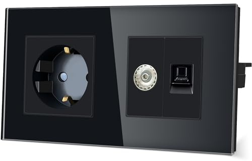 TAWOIA Schuko steckdose,1 Fach mit 1/2 Computer RJ45 Cat6 Internet Steckdose und 1/2 TV Antenne Koaxial Schnittstelle,Kristallglas Rahmen Unterputzdose,Steckdose für,16A,Schwarz,86 * 157 mm