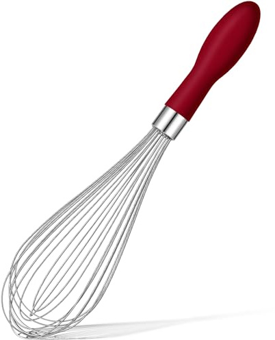 Rainspire 12-Inch Wire Whisk Stainless Steel, Balloon Whisks for Cooking, Wisk Wisking Tool With Soft Silicone Handle, Thick Durable Whisker for Blending, Beating, Whisking, Stirring, Red