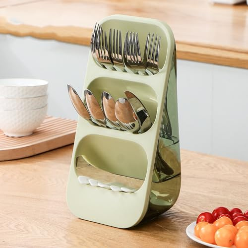 Hosoncovy Countertop Cutlery Drying Holder 3 Tier Cutlery Drainer Tableware Holder Box Tabletop Fork Chopstick Kitchen Storage Cutlery Utensil Organizer (Green)