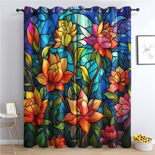 THYUNQ Vorhänge Bunte Blumen Motiv, Vorhang Blickdicht Verdunklungsvorhänge Thermovorhang mit Ösen, Gardinen Wohnzimmer Schlafzimmer Fenster, 2er Set Curtains, H 220 x B 140 cm