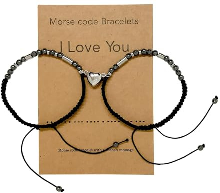 Morse Code Matching Couples Bracelets Gifts for Boyfriend Girlfriend | Code: I LOVE YOU, Matching Heart, Adjustable Size, Handmade Rope, Long Distance Gift for Eternal Love Relationship
