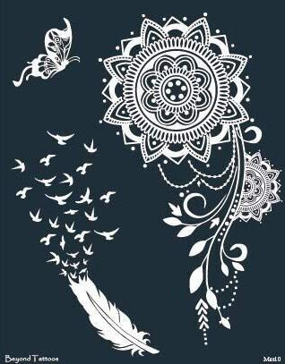 Feder und Vogel Tattoo Schablone Mandala Tattoo Vorlage Schmetterling Tattoo Stencil für Körper Bemalung Mes10