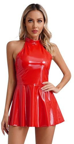 iEFiEL Damen Wetlook Minikleid Neckholder Partykleid A-Linie Skaterkleid Glänzende Lacklederkleid Kurz Faltenkleid