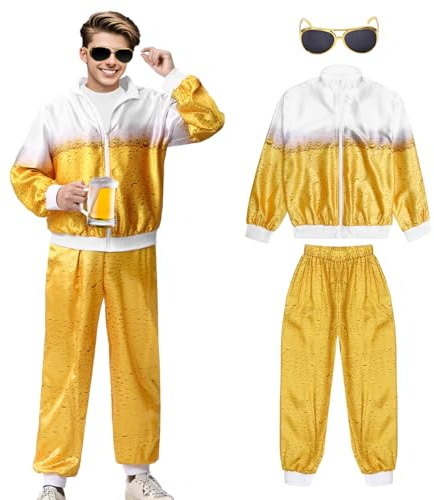 Marypaty 80er Jahre Outfit Damen Herren, 80er 90er Kostüm Trainingsanzug Jacke Hose Party Accessoires, Retro Anzug Karneval Kostüm Herren für Faschingskostüm Karneval (Gelb, S(155-160 cm))