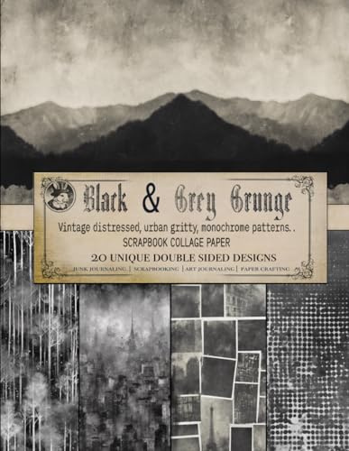 Black and Grey grunge scrapbook paper: Vintage distressed, urban gritty, monochrome patterns. For decoupage, paper crafting projects, junk journal decorative elements, collaging, and more.