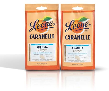 Leone dal 1857 - Caramelle Senza Zucchero Arancia - Gusto Arancia Senza Glutine e Vegane - 2 Sacchetti Caramelle Dure da 125g (2 x 125g)