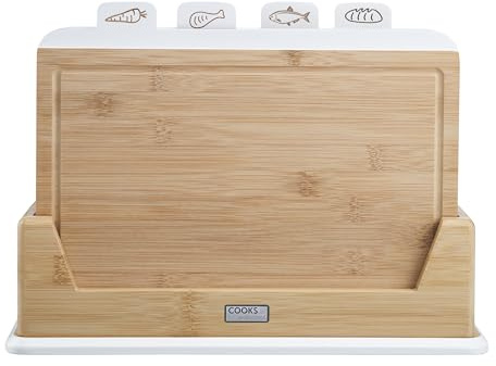 Cooks Professional Set of 4 Index Chopping Boards | Bamboo Chopping Boards with Stand | Wooden Food Preparation Cutting Blocks with Tabs for Fruit & Vegetables, Meat, Fish & Bread | White